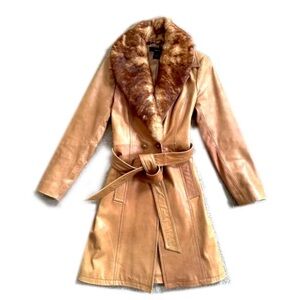 VINTAGE LUXE Arden B Leather Fur Collar Belted Trench